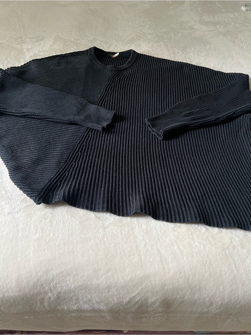 Free People Black Ribbed Crewneck Pullover